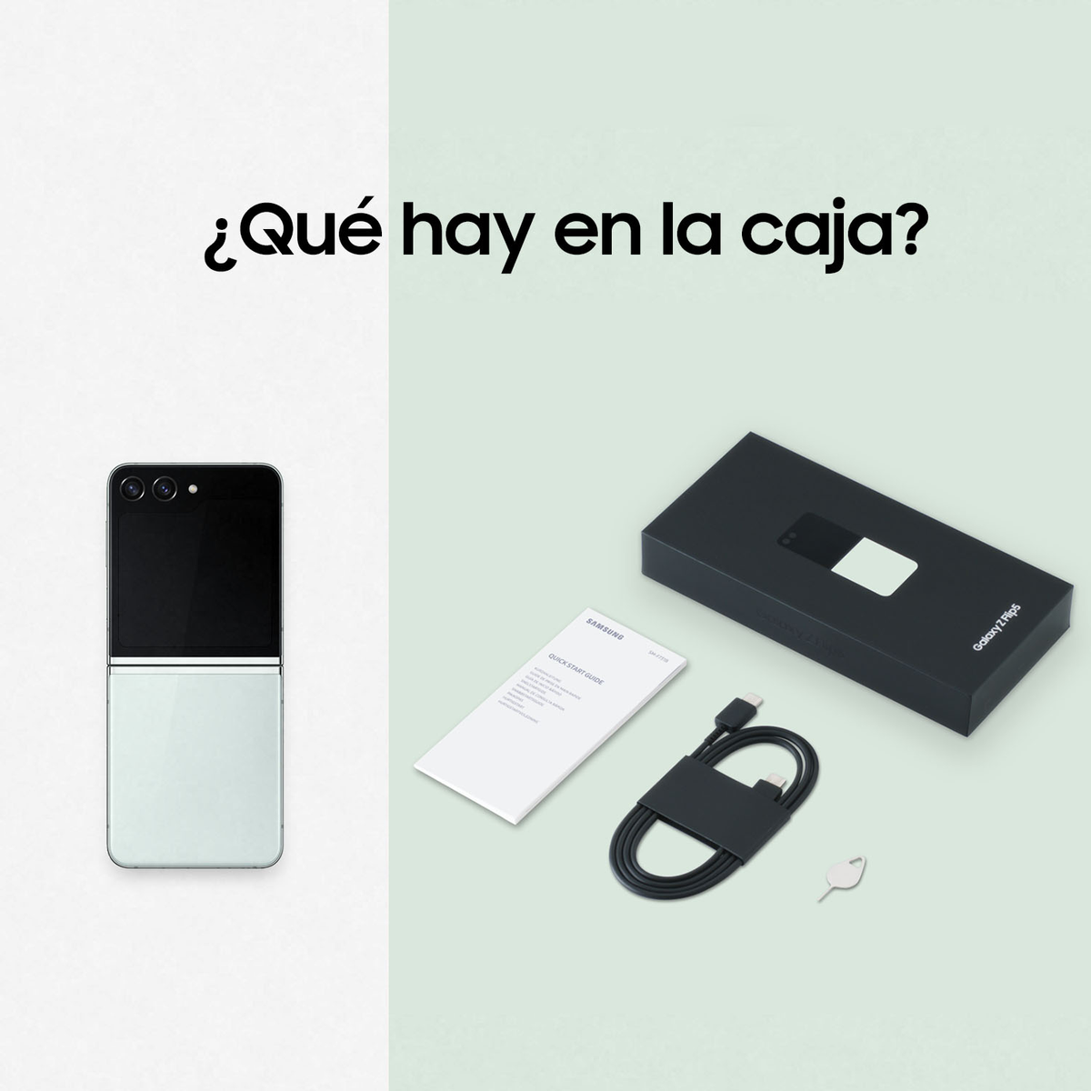 Samsung Galaxy Z Flip5 jest wyświetlany z pudełkiem, kablem i instrukcją na jasnozielonej powierzchni.