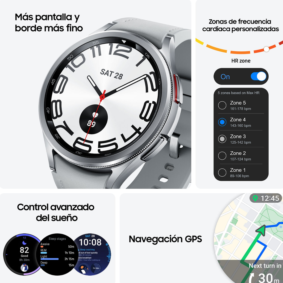 Een smartwatch die gezondheidsgegevens toont: hartslagzones, slaapstadia, GPS-navigatie op een kaart.