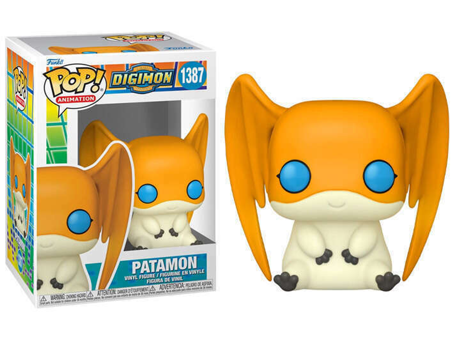 Orangene Patamon Digimon Figur in und aus der Box. Weiße Box und Hintergrund.