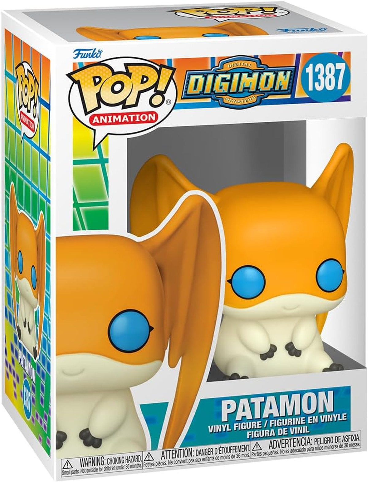 Patamon Funko Pop! Figur in einer Box, orange und weiß, mit großen Ohren und blauen Augen.