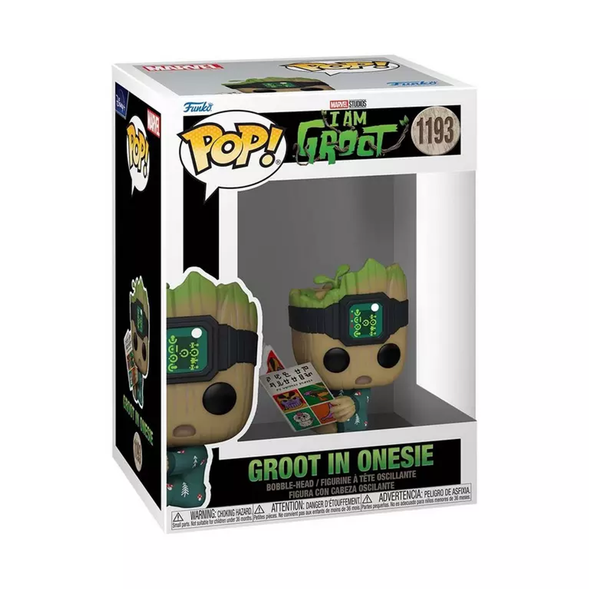 Funko Pop di Groot in tutina, con un libro, in una scatola.