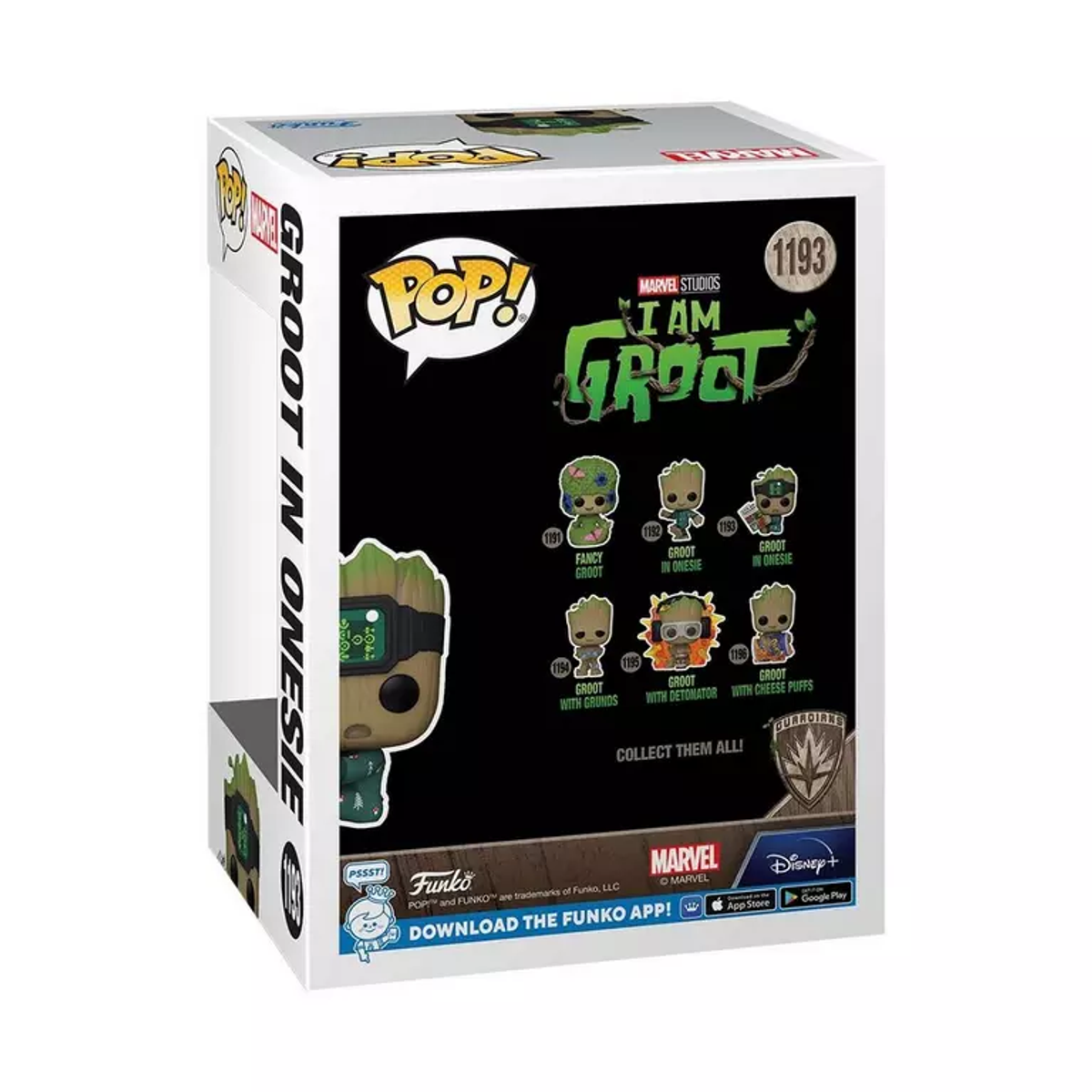 Scatola Funko Pop di Groot in Onesie, con vari design di figure Groot.