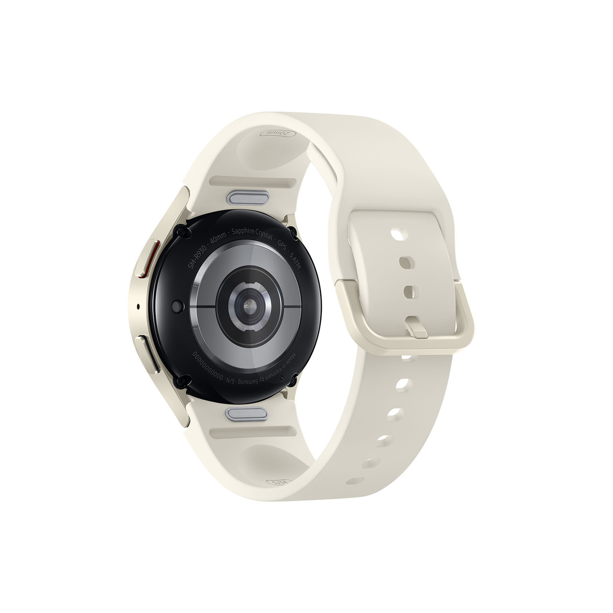 Achteraanzicht van een witte smartwatch met witte band. Het horloge toont de achterkant met sensoren en tekst.