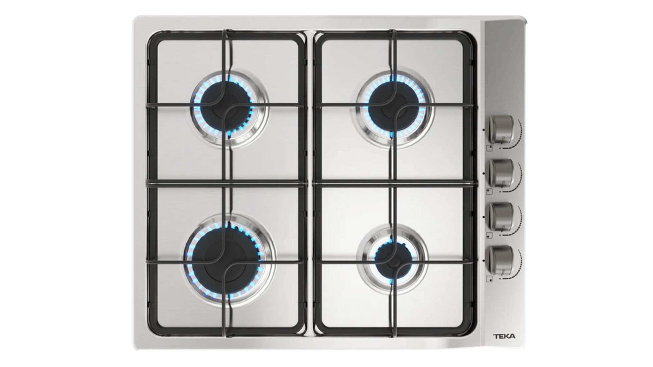 Gazowa płyta grzewcza ze stali nierdzewnej z czterema palnikami i pokrętłami.