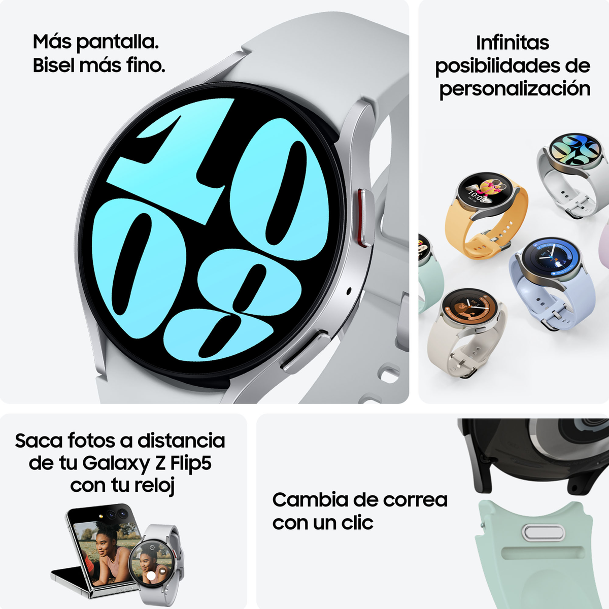 Smartwatch blanca con varias pantallas. Características: más pantalla, bisel más fino y opciones personalizadas.