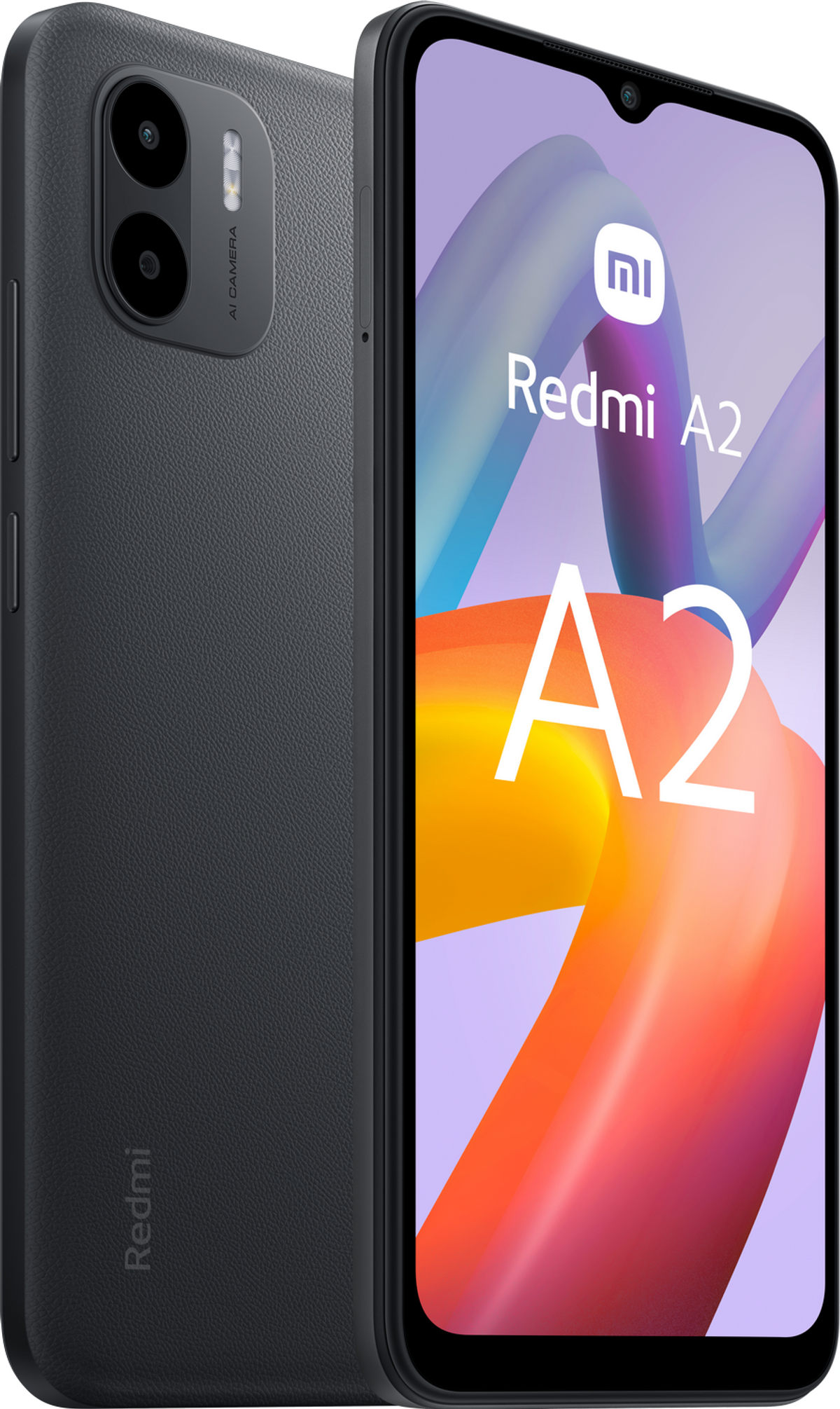Telefon Redmi A2 na białym tle. Ma podwójny aparat i ekran.