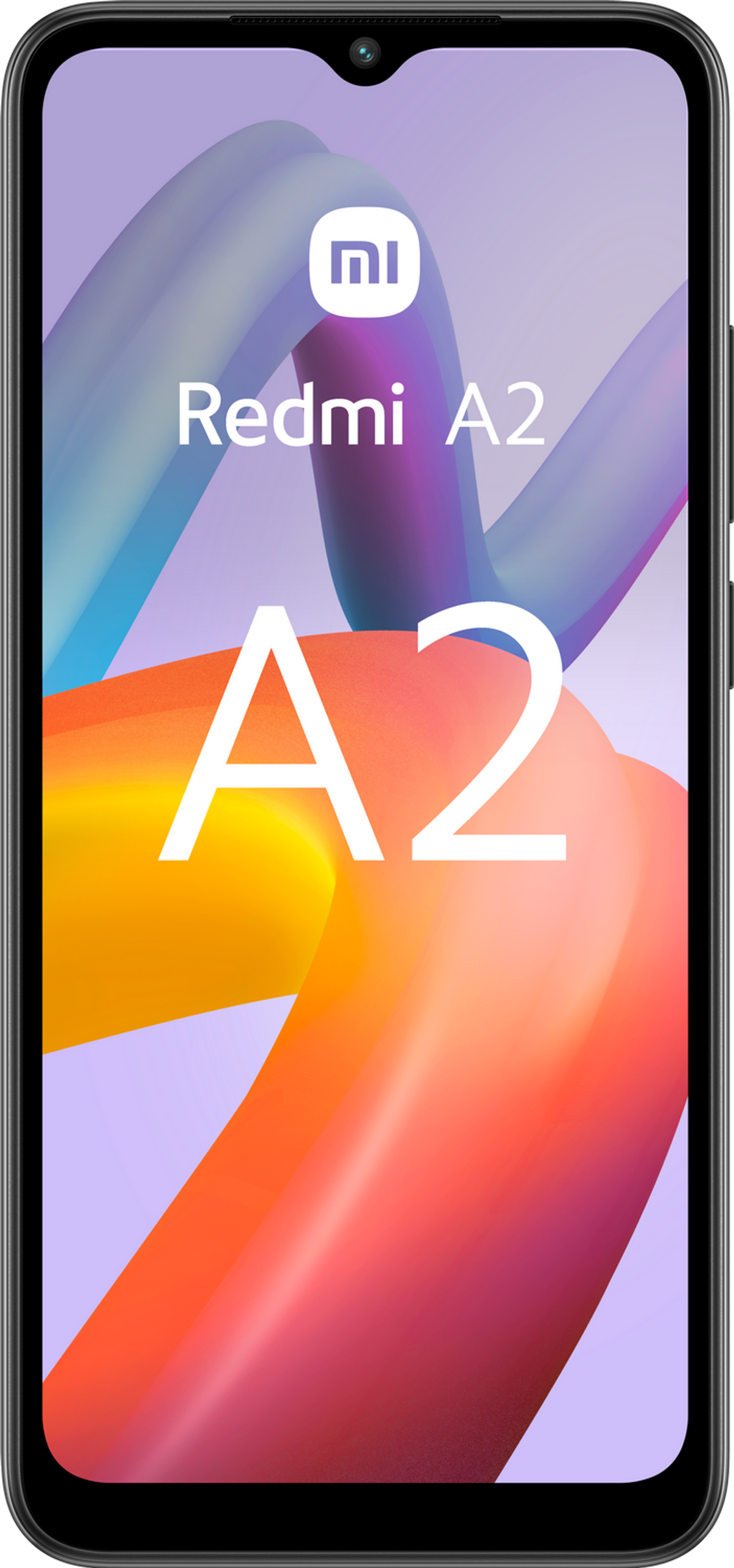 Smartfon z wcięciem w kształcie kropli wody. Telefon wyświetla tekst "Redmi A2".