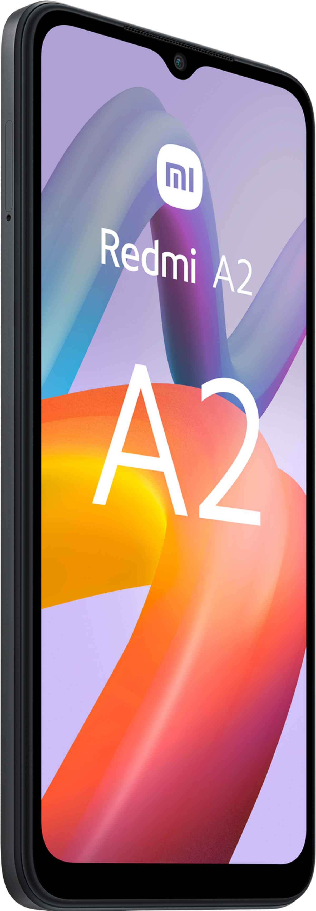 Telefon Redmi A2. Czarny korpus o zakrzywionym kształcie. Kolorowe tło, widoczne logo marki i nazwa modelu.