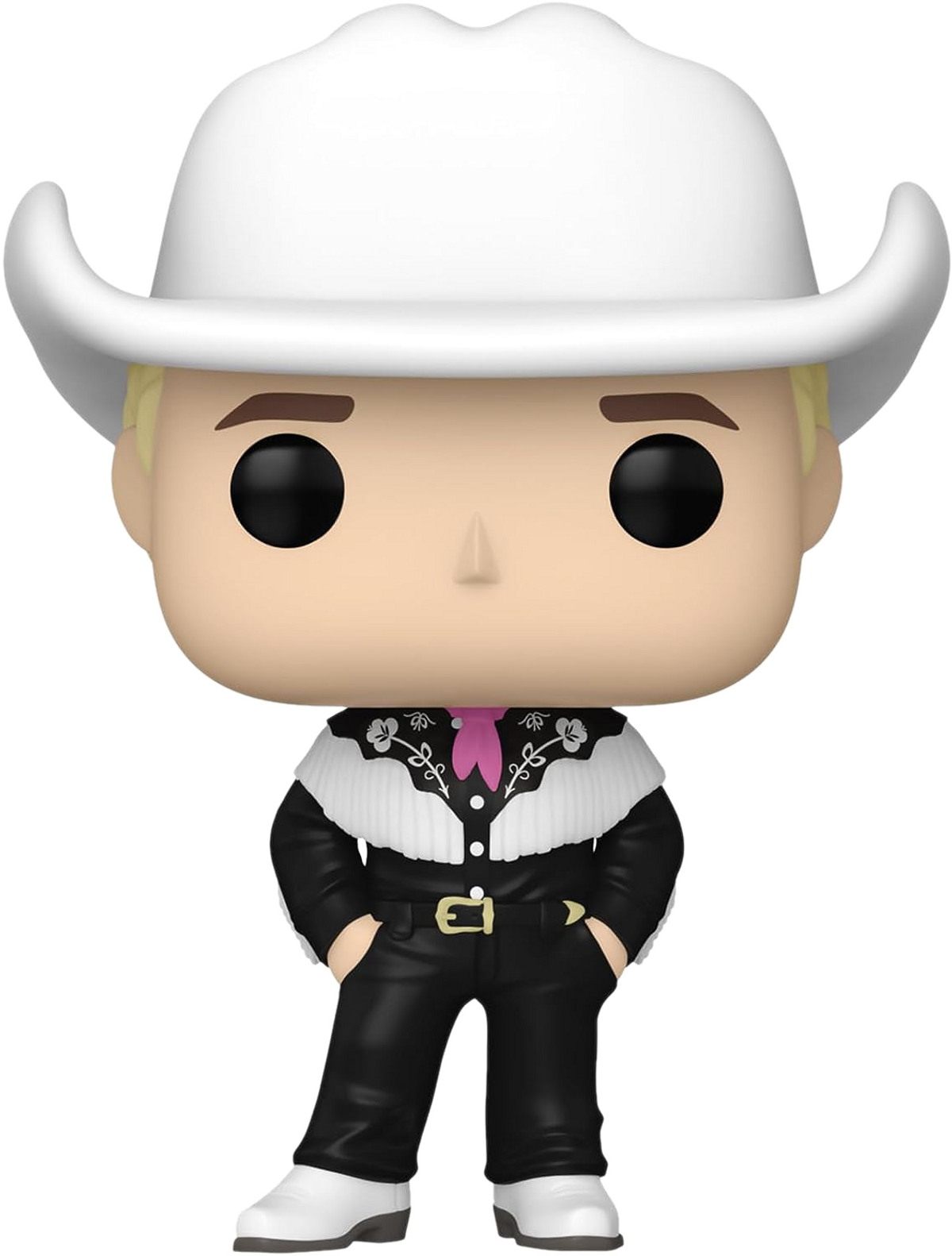 Una figura Funko Pop de un hombre con un atuendo de vaquero. Lleva sombrero blanco y manos en bolsillos.