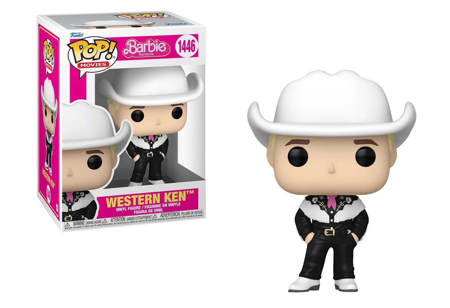 Figura Funko Pop de Western Ken, con caja. Sombrero blanco, atuendo negro, caja rosa y fondo blanco.
