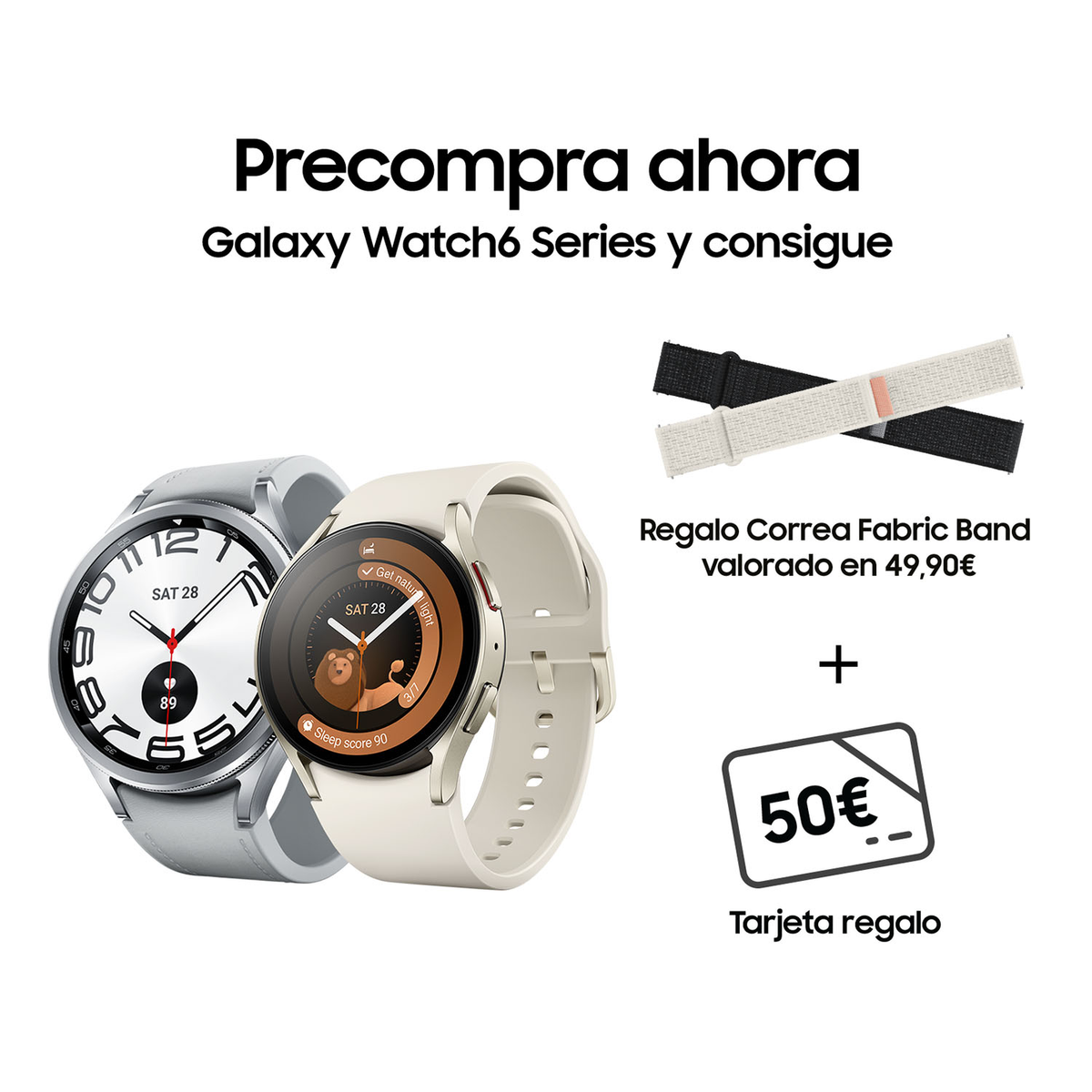 Twee smartwatches, één zilver en één beige, met stoffen bandjes en een cadeaukaart, op een wit oppervlak.