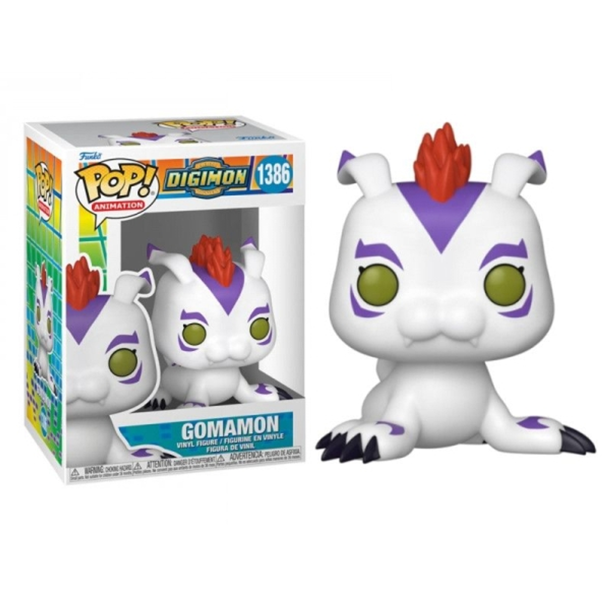 Eine Gomamon Funko Pop Figur und ihre Box, die eine weiße Kreatur mit lila Markierungen zeigt.