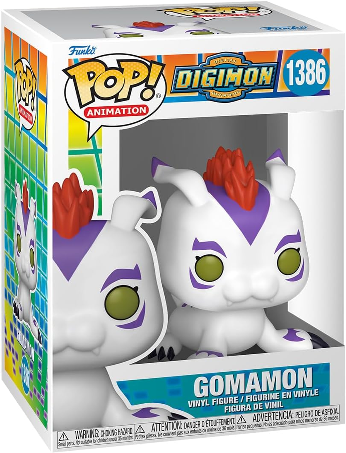 Funko Pop-Box mit weißer Gomamon-Figur. Die Figur hat lila und rote Details. Die Box hat Digimon-Branding.