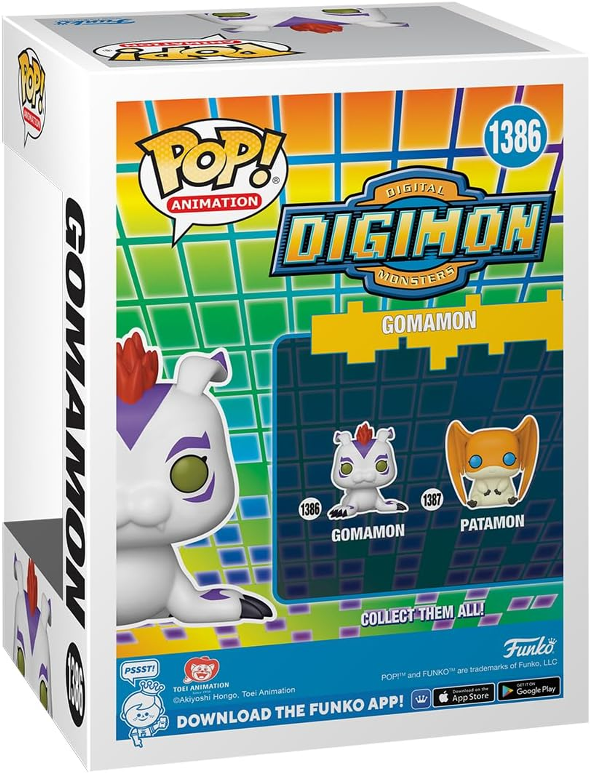 Funko Pop Box für Digimon Gomamon. Die Box zeigt die Figur, das Digimon-Logo und eine Sammelaufforderung.