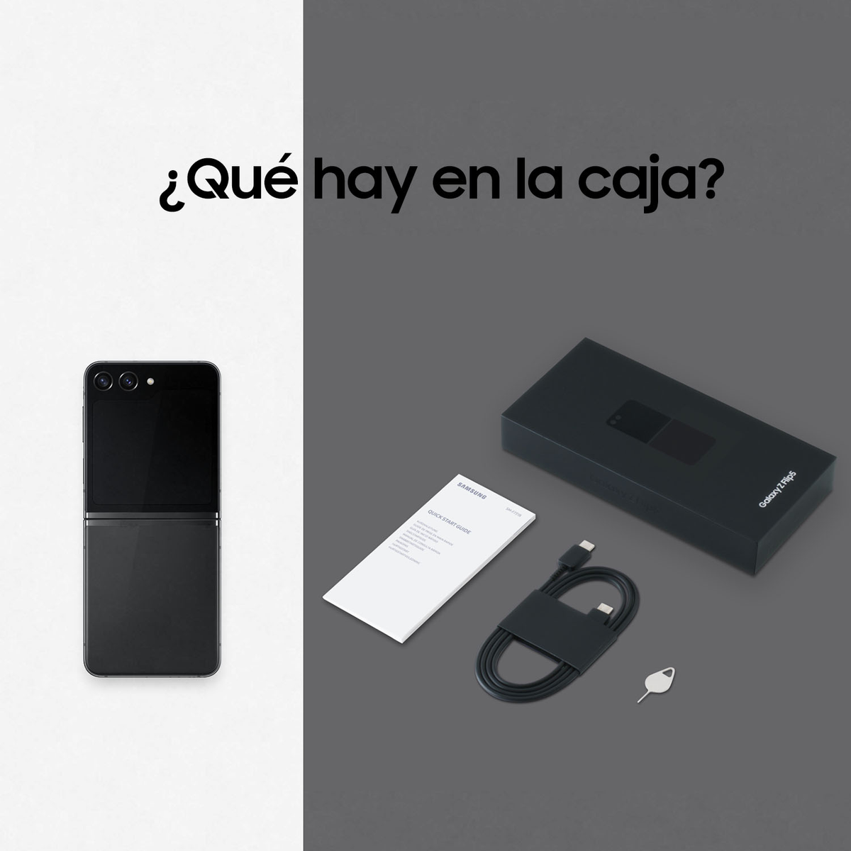 Rozpakowany czarny Samsung Z Flip 5 z akcesoriami. Białe i szare tło z tekstem: Co jest w pudełku?