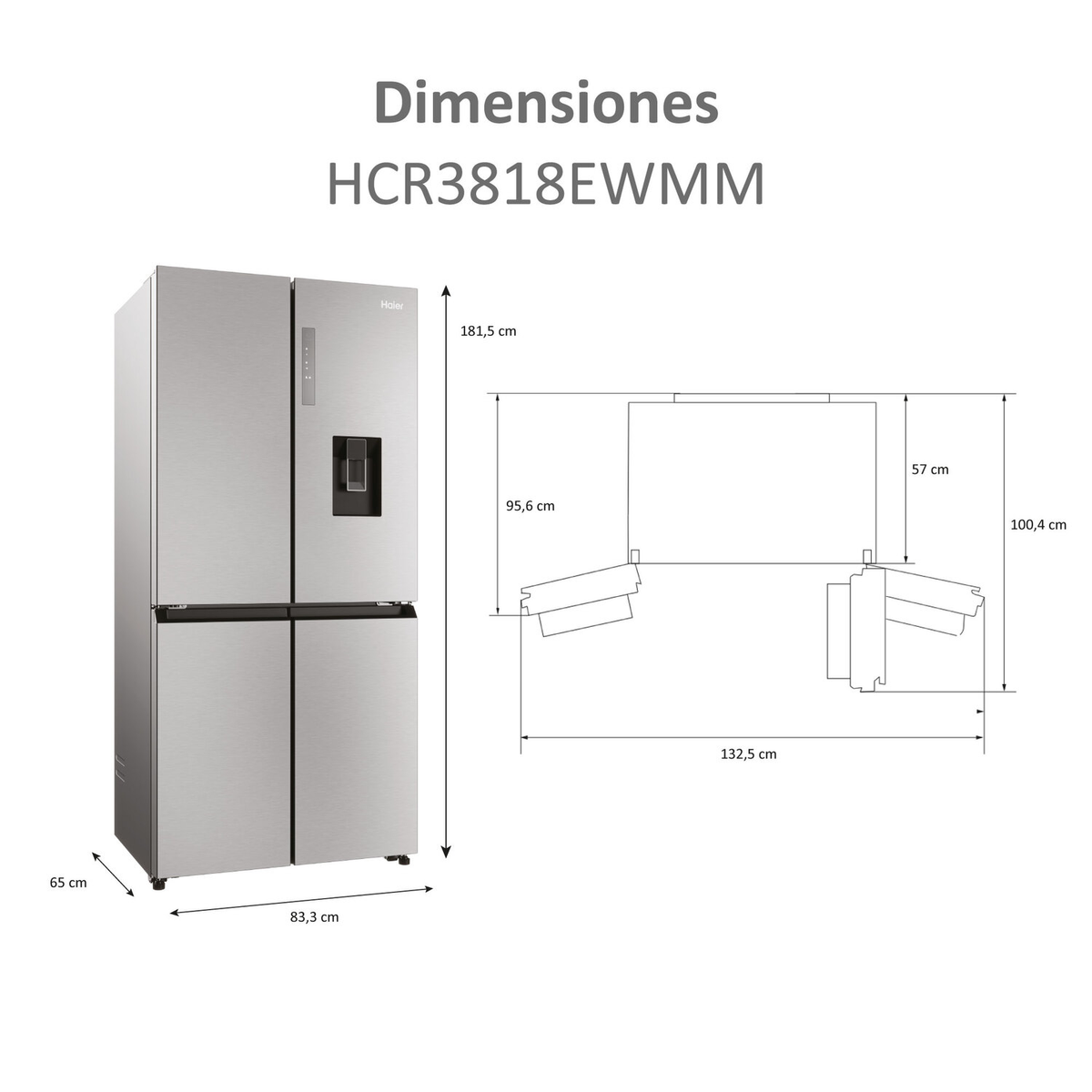 Diagramme d'un réfrigérateur Haier montrant les dimensions et les caractéristiques.