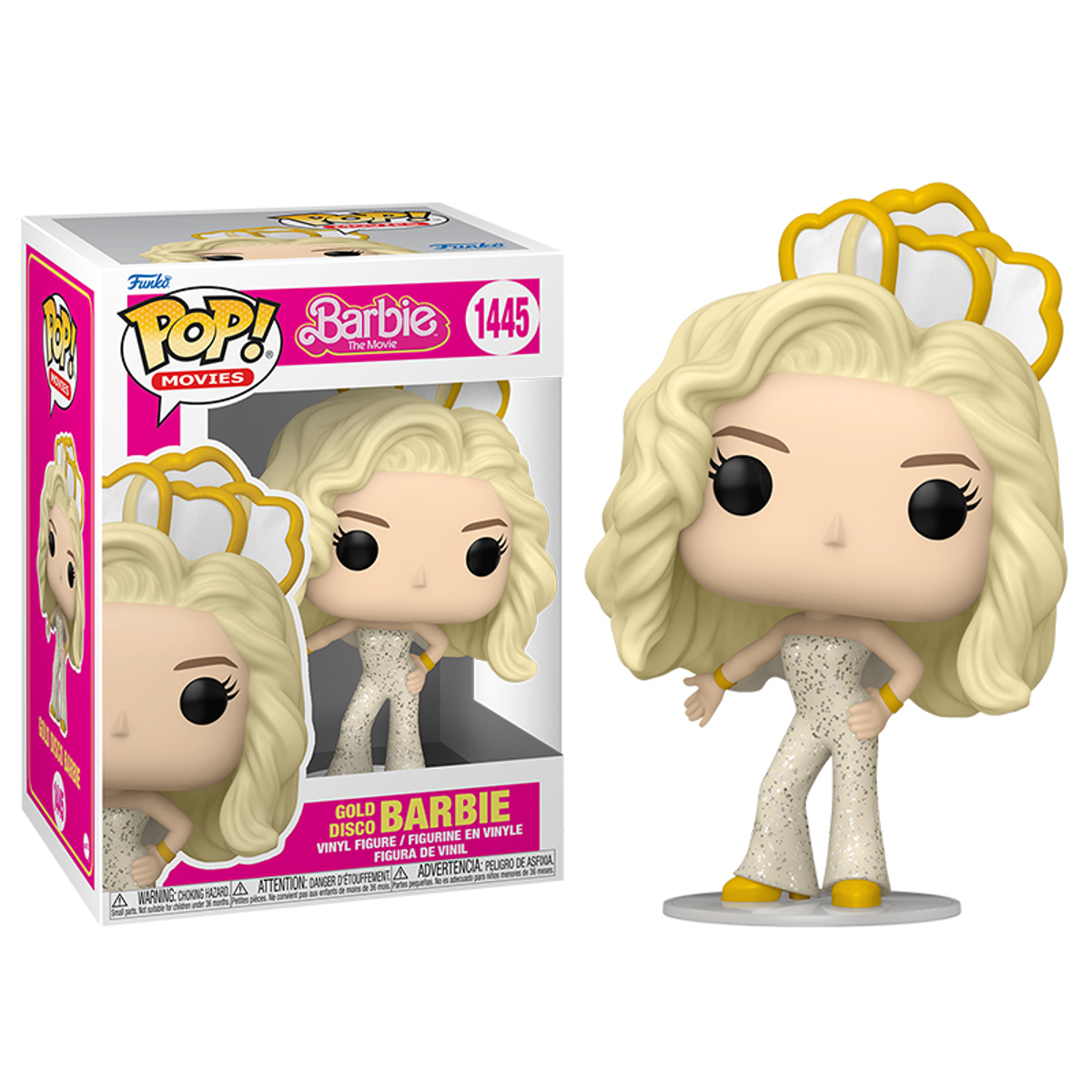 Figurka Funko Pop! Barbie w białym stroju ze złotymi akcentami. Obok pudełko.