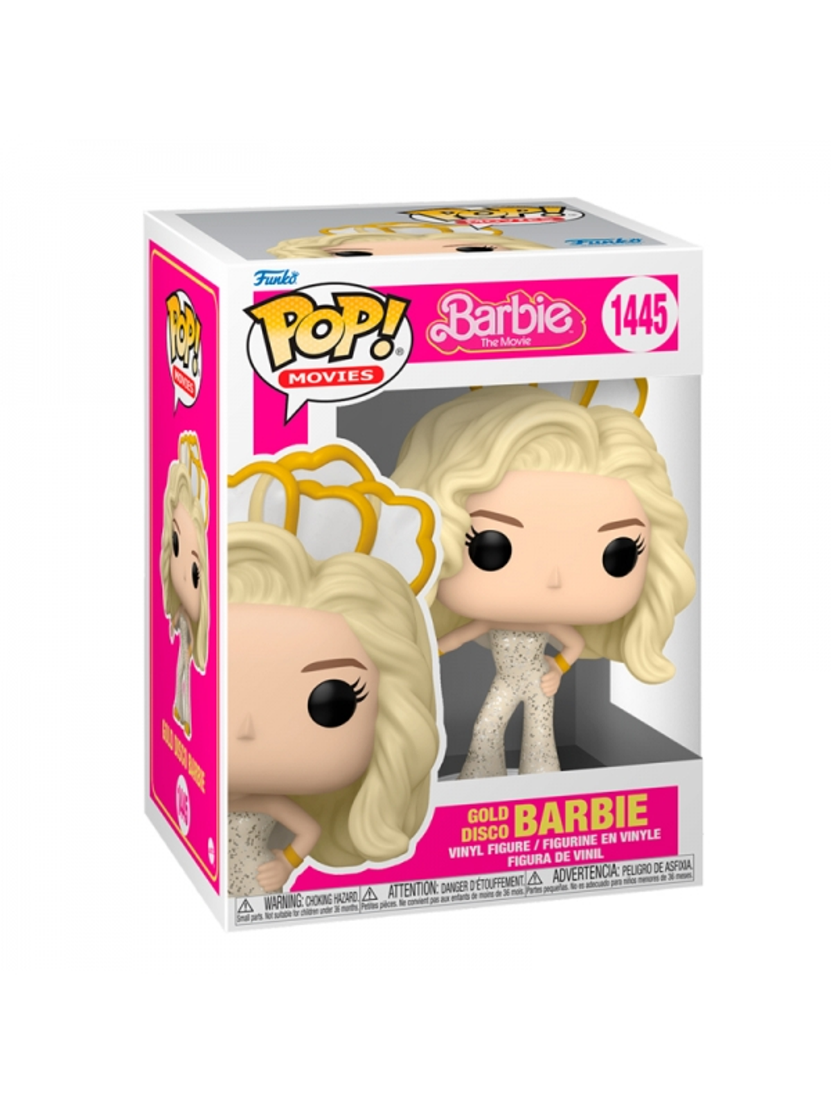 Lalka Barbie w pudełku. Blond włosy, złota sukienka. Pudełko jest różowe i białe.