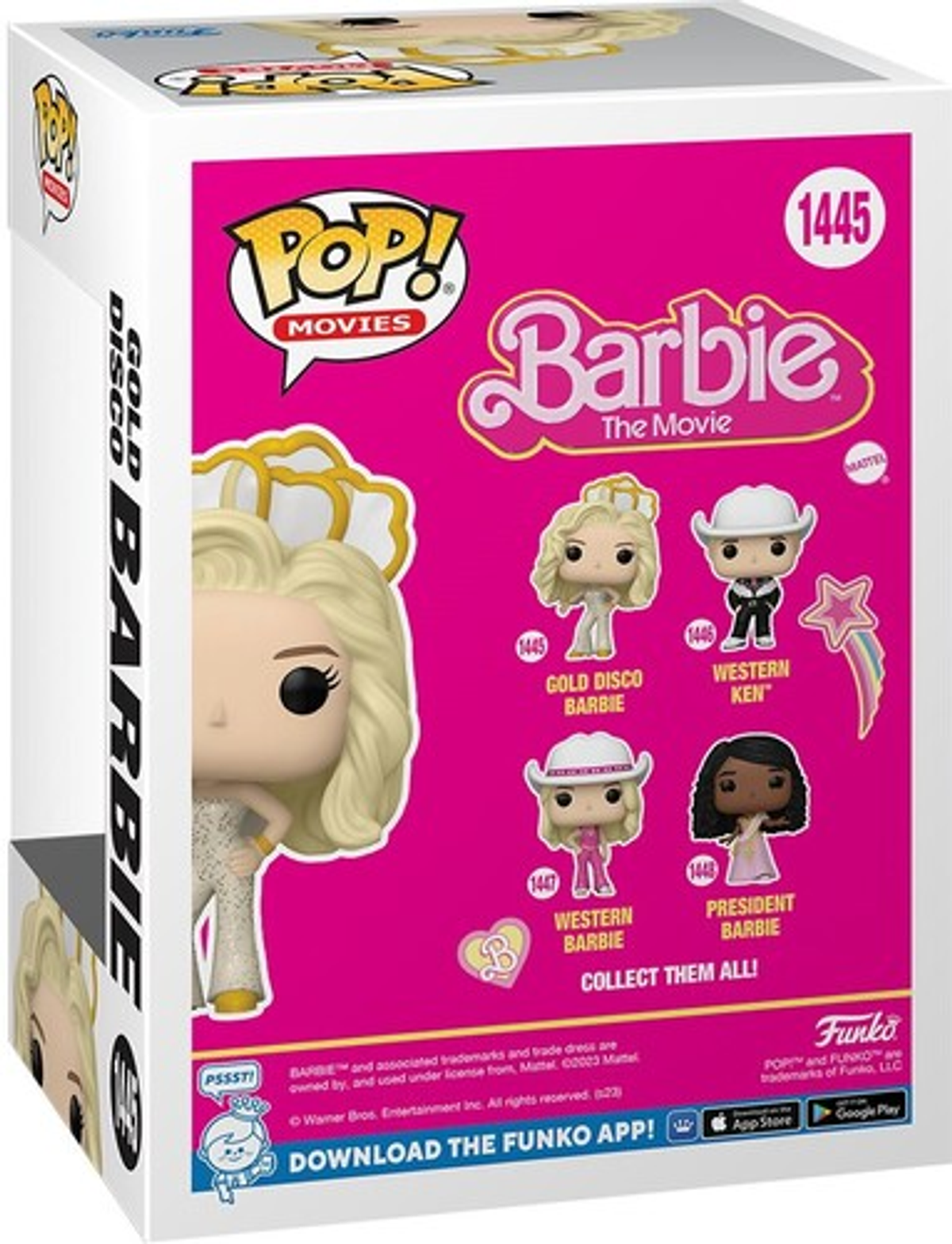 Pudełko Funko Pop! z Gold Disco Barbie i innymi figurkami.