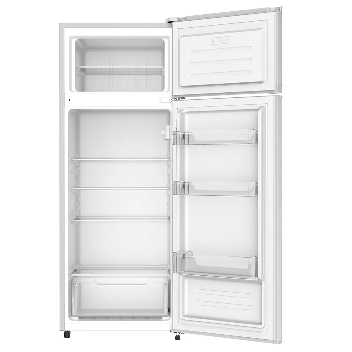 Refrigerador blanco abierto, mostrando estantes y compartimentos.