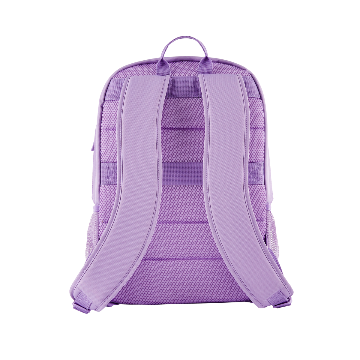 Vista trasera de una mochila morada con correas acolchadas y respaldo de malla.