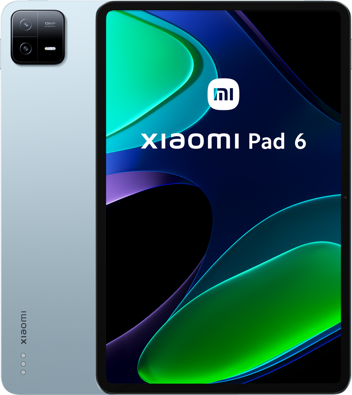 Xiaomi Pad 6 Tablet. Graue Rückseite und schwarzer Bildschirm mit Logo.