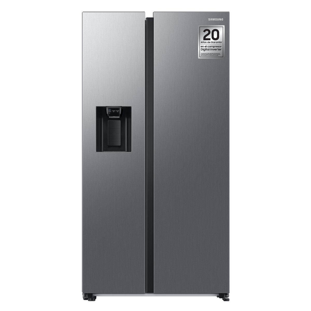 Un frigorifero Samsung a doppia porta. Ha un distributore d'acqua. L'esterno è di colore grigio e ha accenti argentati.