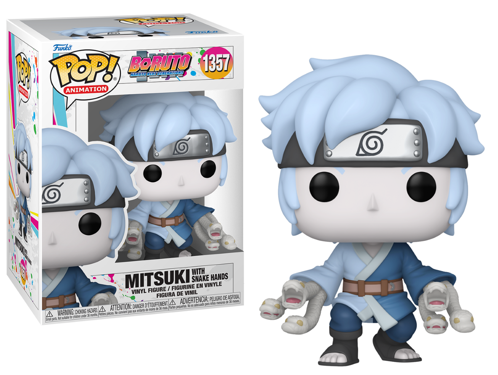 Figura anime di Mitsuki con mani di serpente, esposta in una scatola.