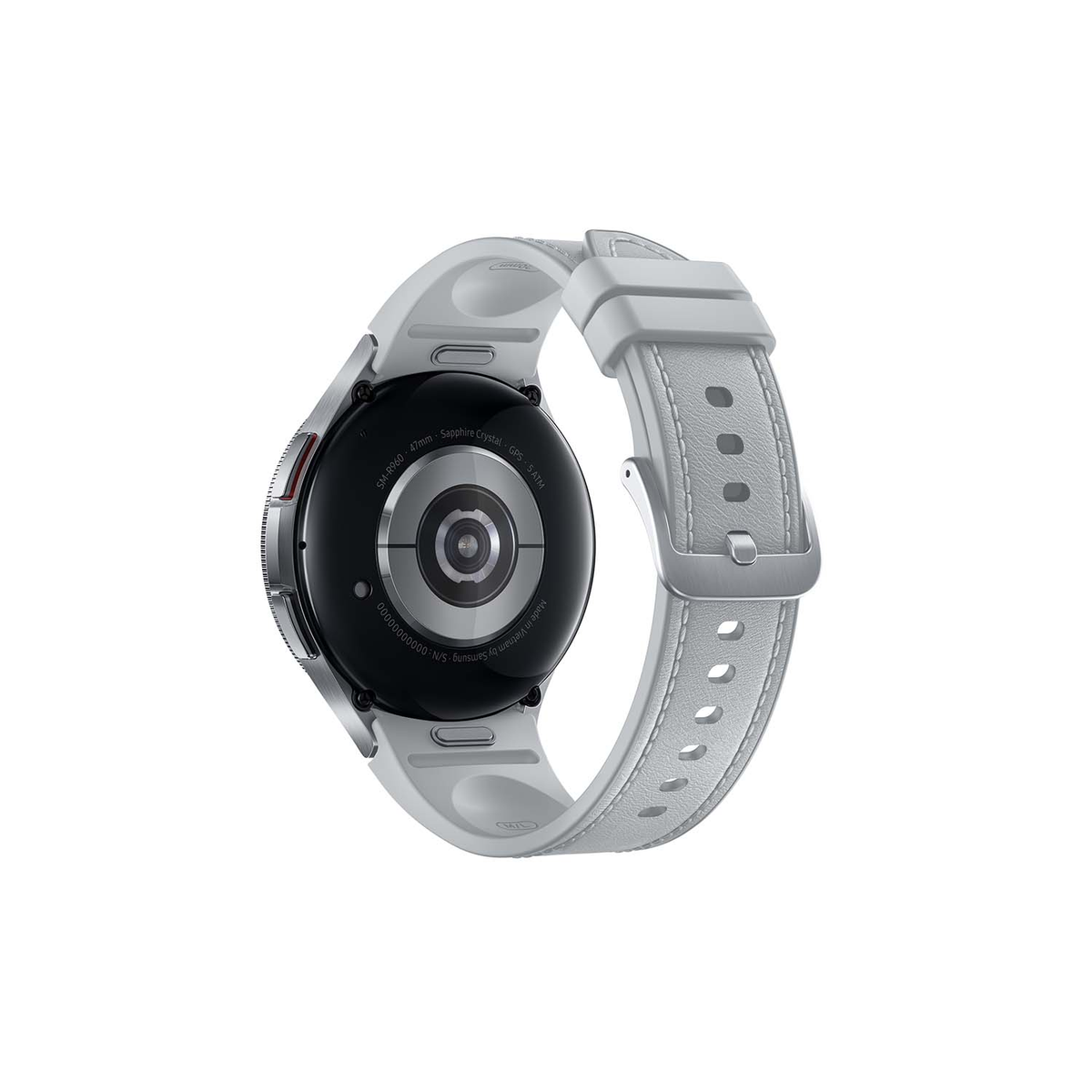 Un Samsung Galaxy Watch 4 argento, vista posteriore, con cinturino grigio chiaro.