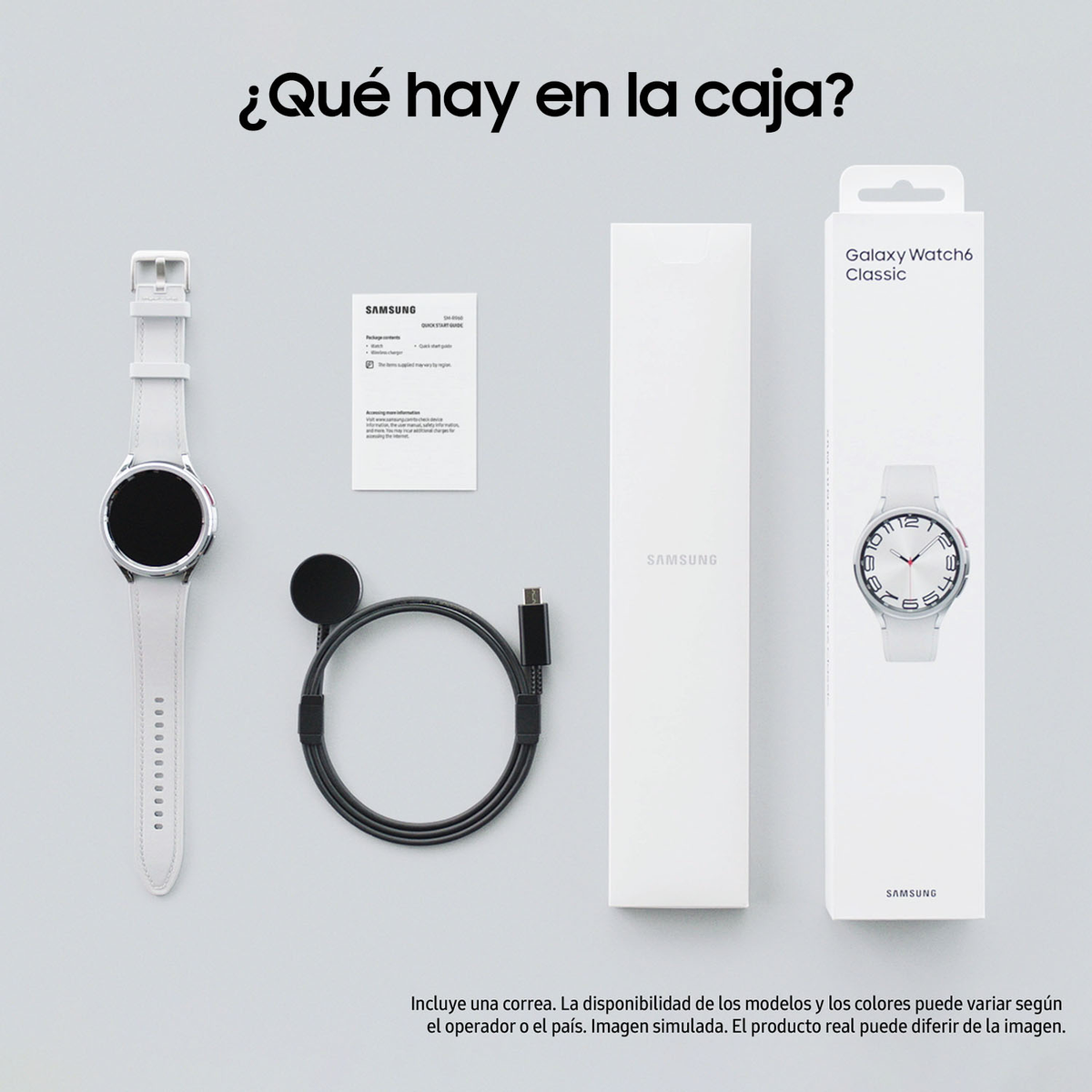 Samsung Galaxy Watch6 Classic fuori dalla scatola, accessori: caricabatterie, cavo e cinturino.