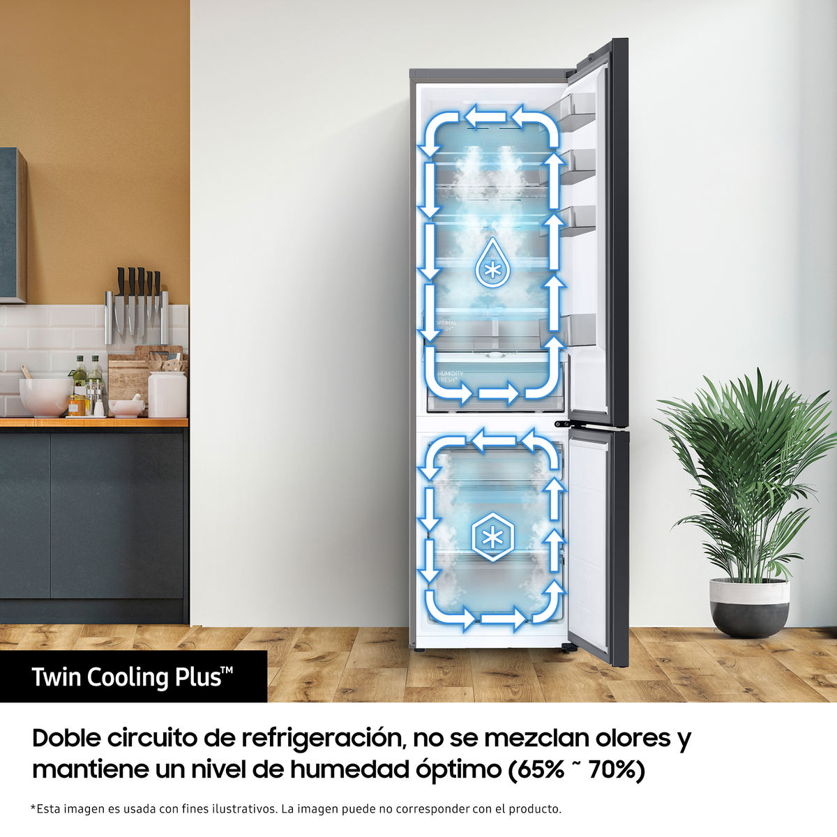 Refrigerador con puertas abiertas, mostrando el sistema de refrigeración. Flechas indican el flujo de aire. Planta a la derecha, cocina detrás.