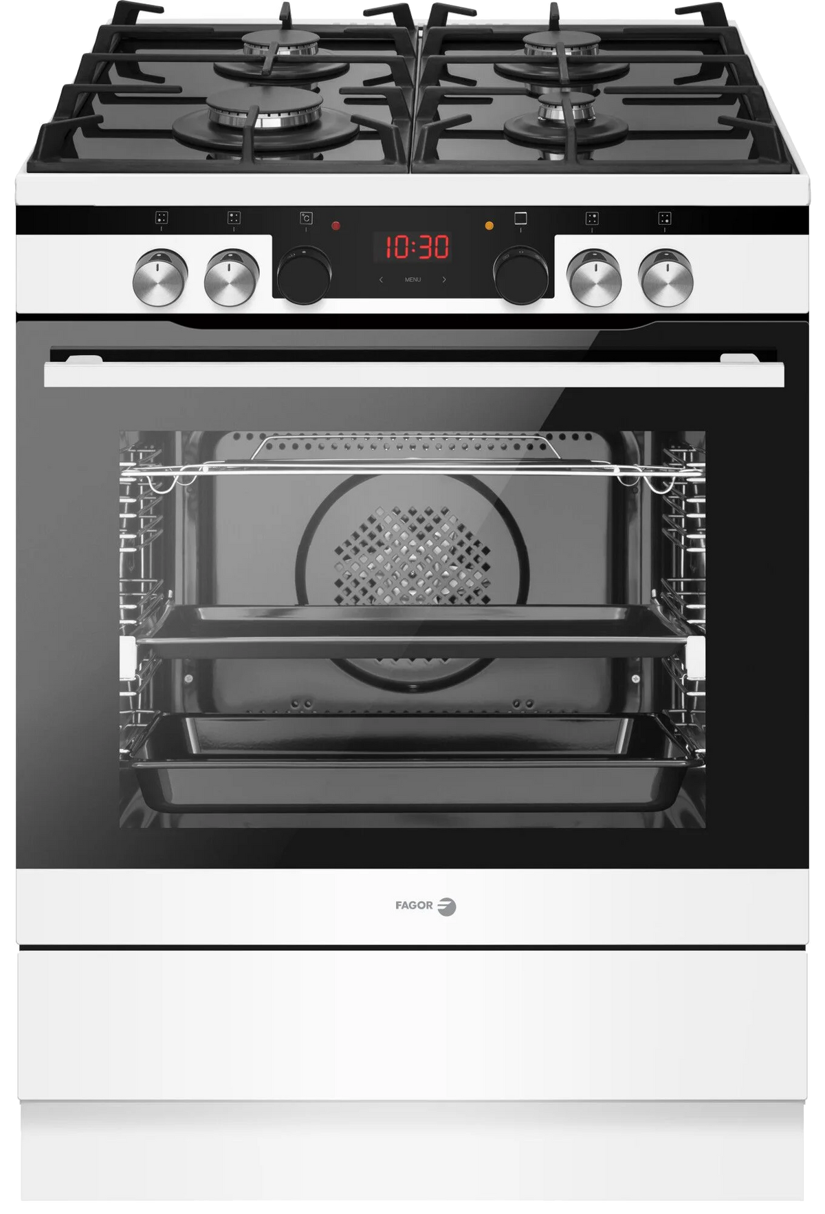 Combinación de horno y cocina Fagor blanco y negro, con pantalla digital que muestra las 10:30.