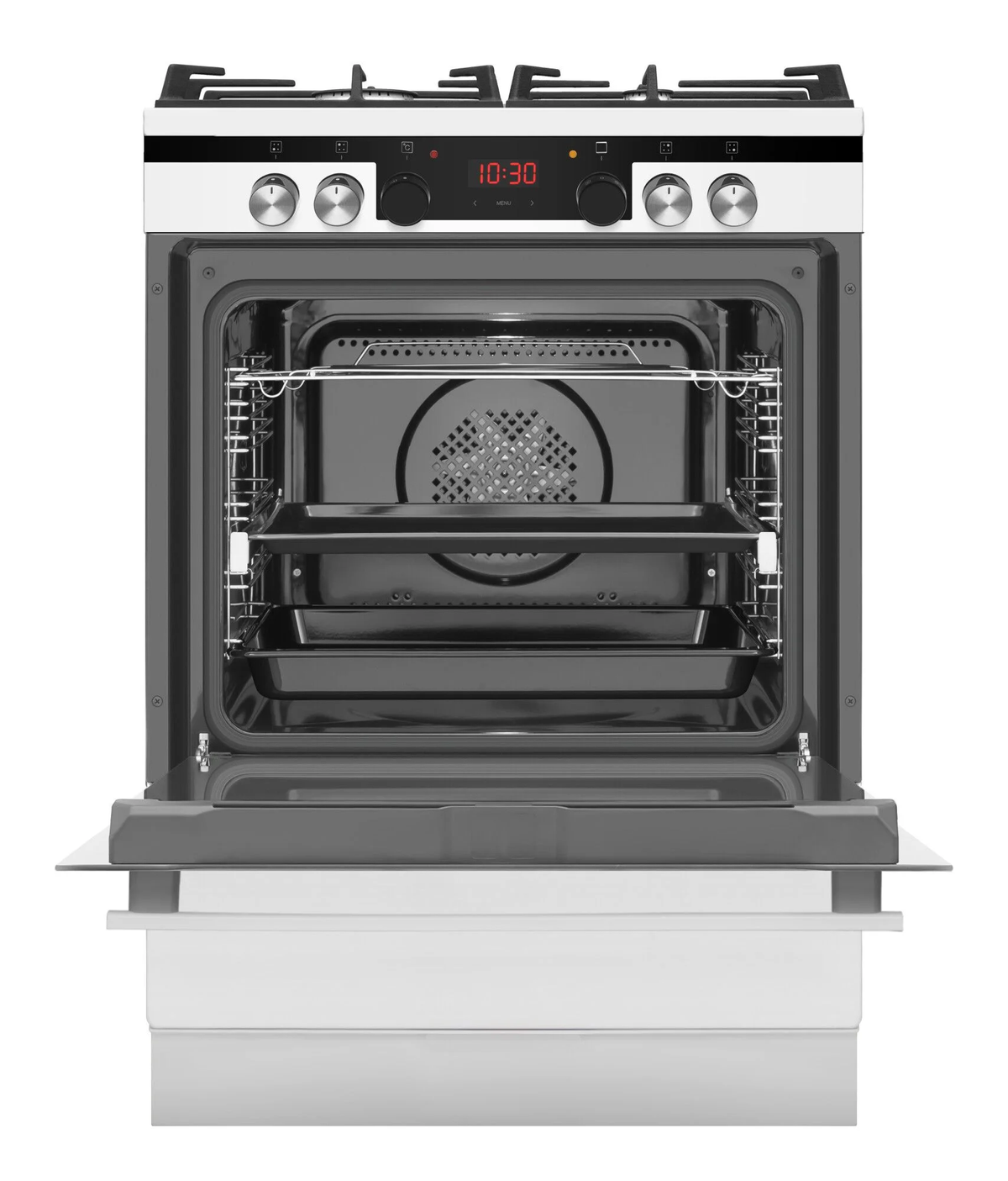 Un horno blanco y plateado con la puerta abierta, mostrando estantes y una pantalla digital.