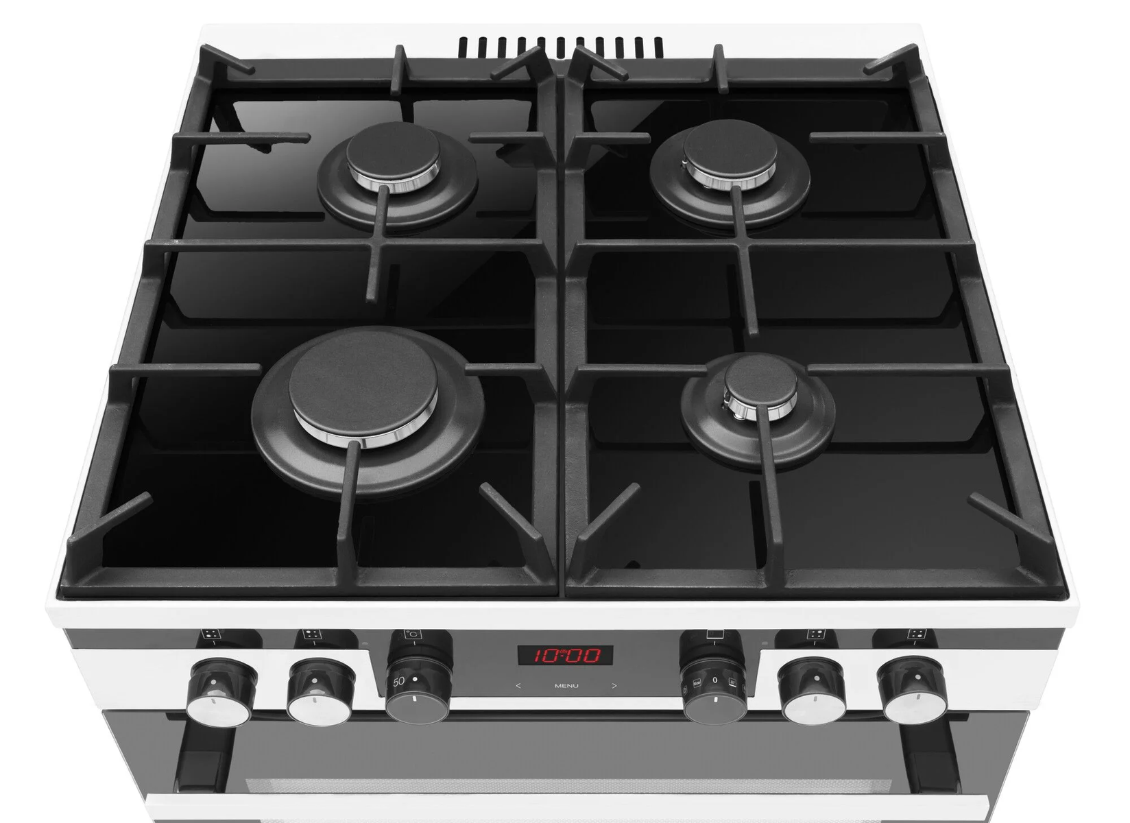 Vista superior de una cocina de gas blanca y negra con cuatro quemadores.