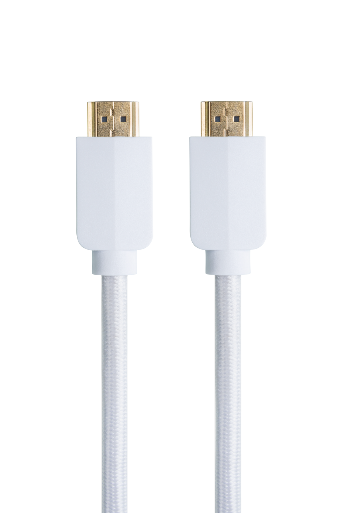 Dos cables HDMI blancos con conectores dorados sobre un fondo negro.