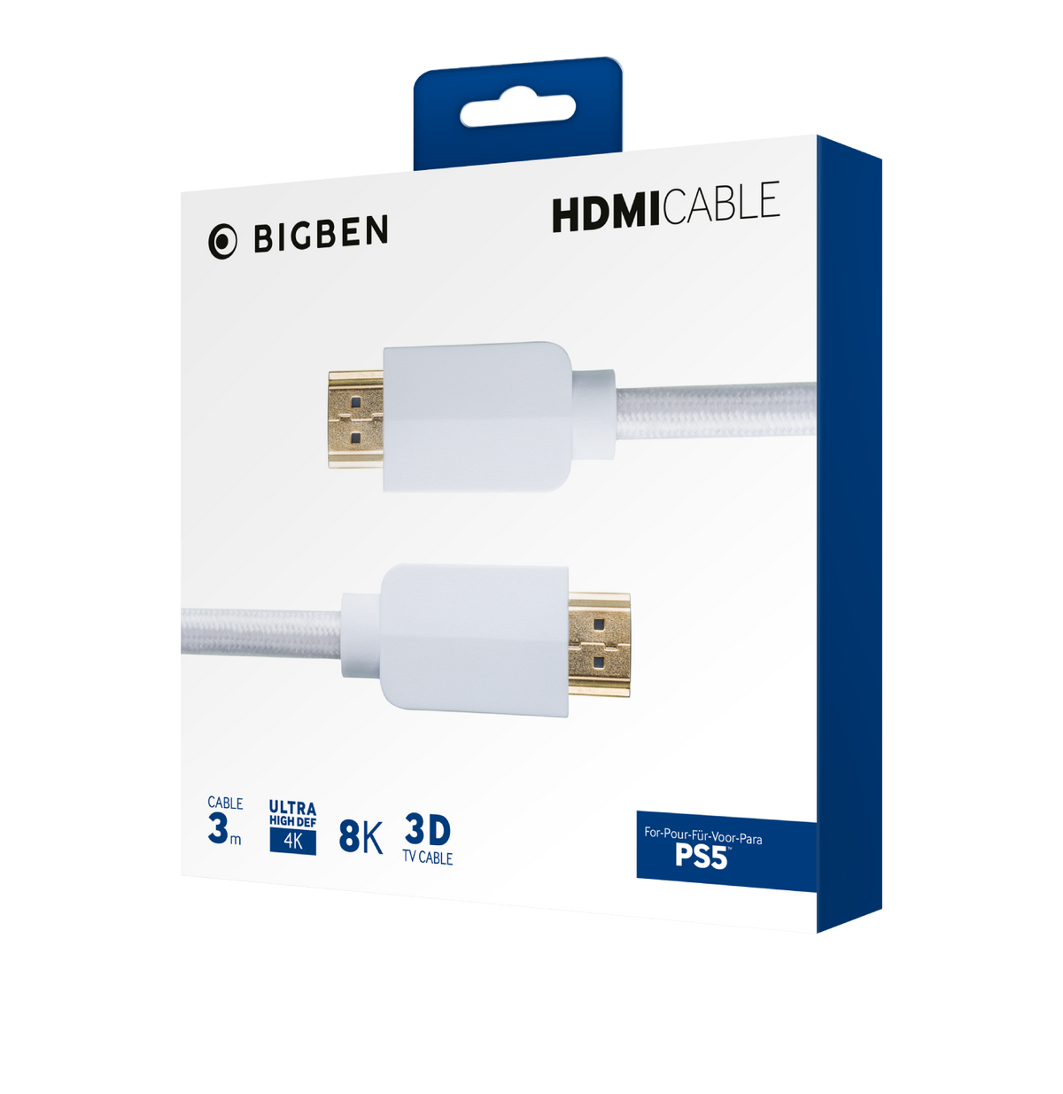 Un cable HDMI blanco en una caja azul y blanca, con la marca "BIGBEN" visible.