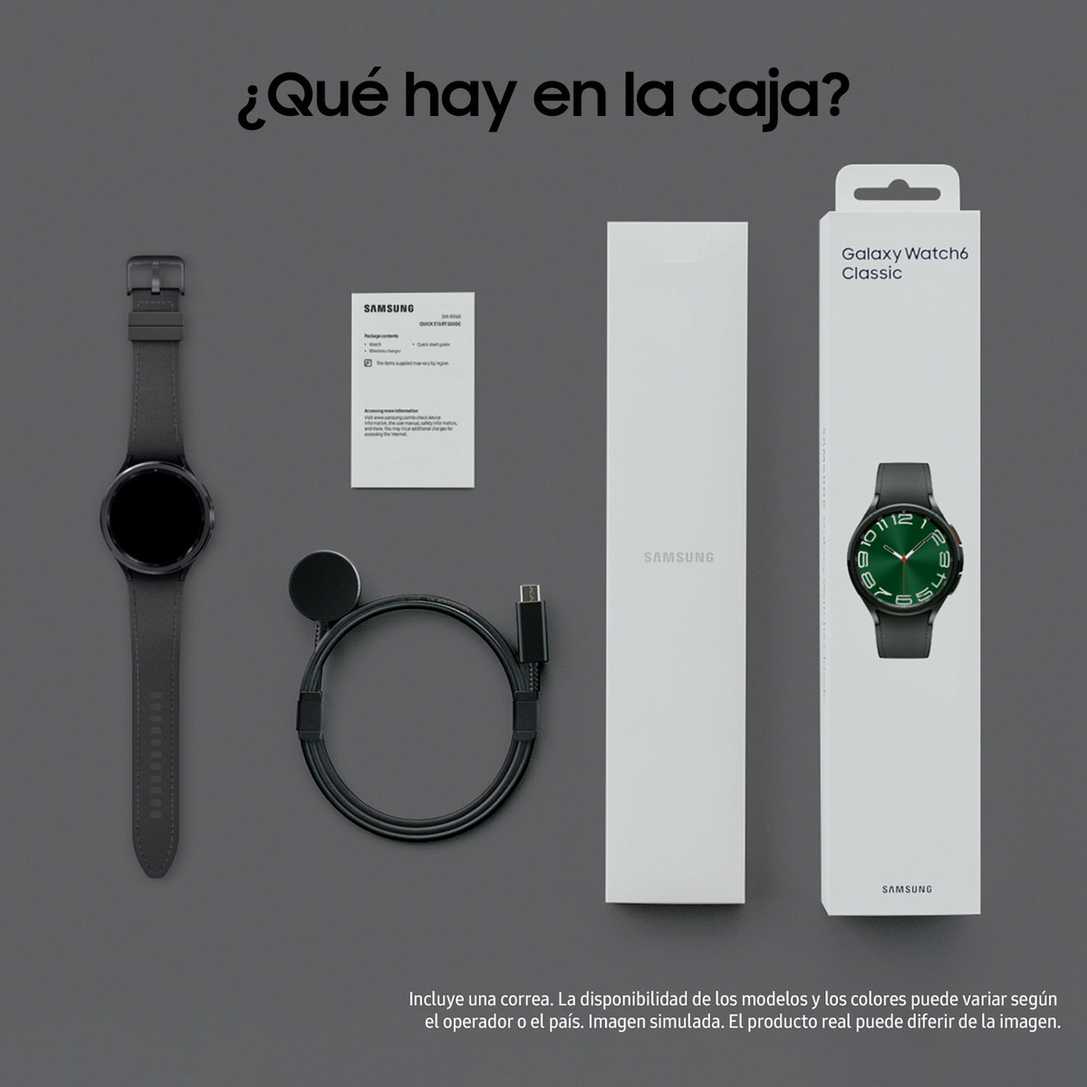 Componentes de smartwatch sin caja: reloj, cargador, cable y caja con instrucciones.