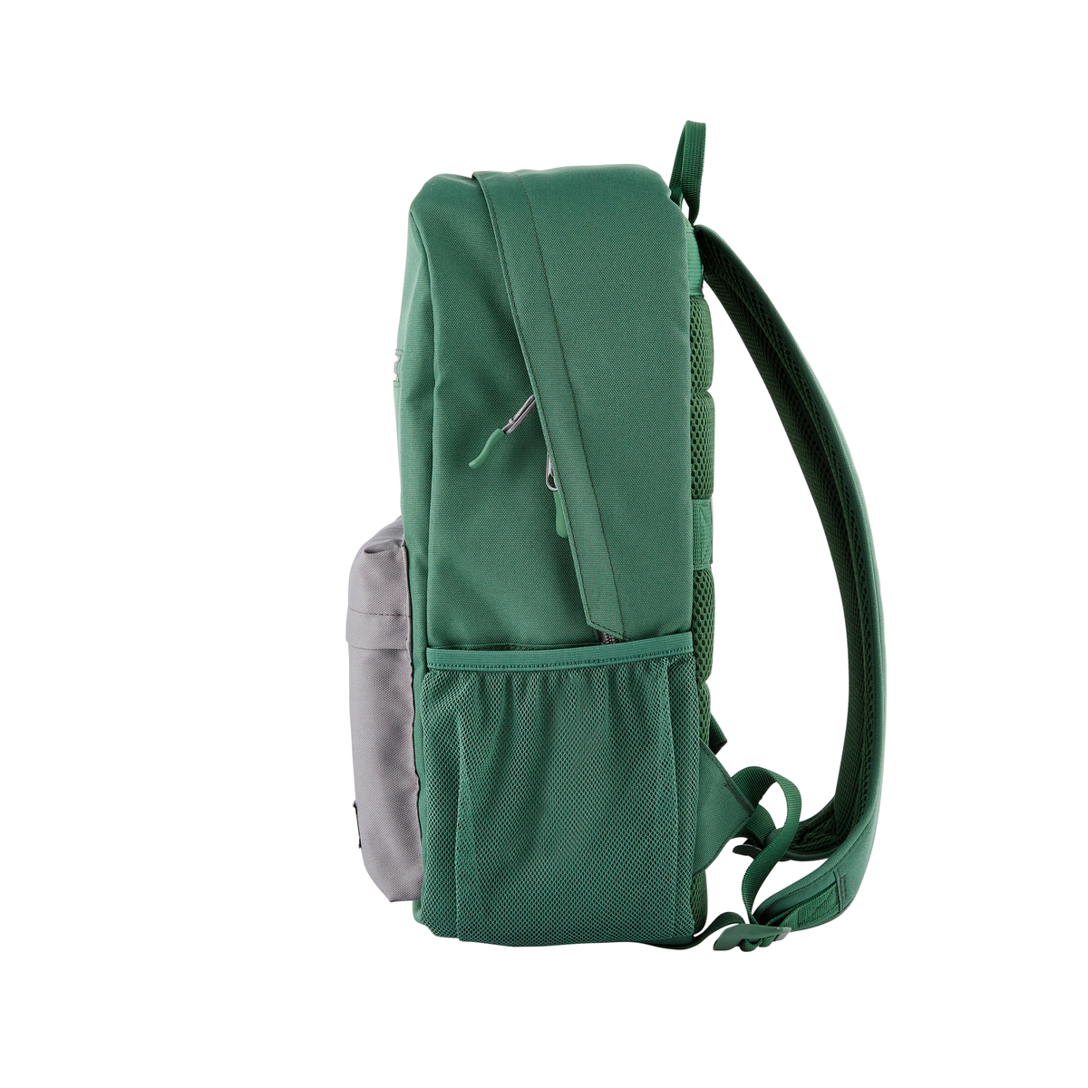 Mochila verde y gris con malla visible y bolsillo lateral.