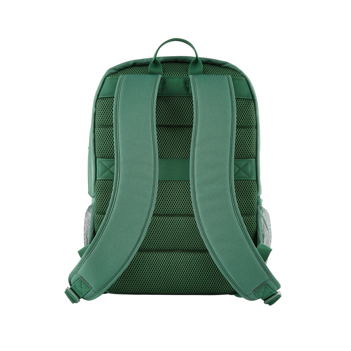 Mochila verde desde atrás, con correas y soporte de malla para la espalda.