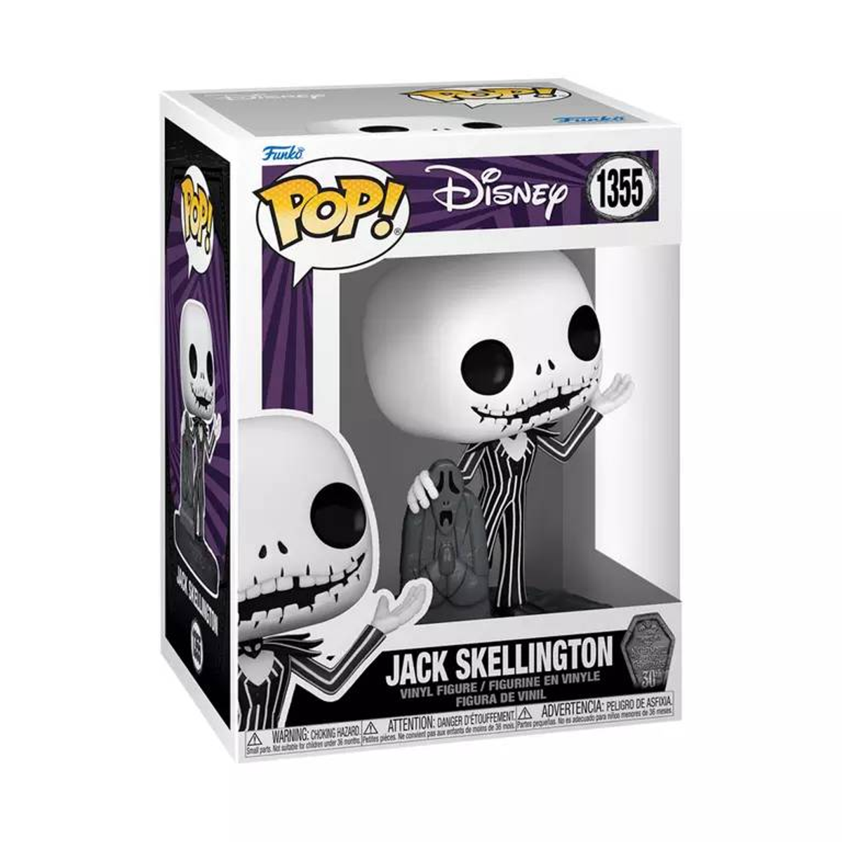 Figura Funko Pop di Jack Skellington in una scatola su sfondo bianco.
