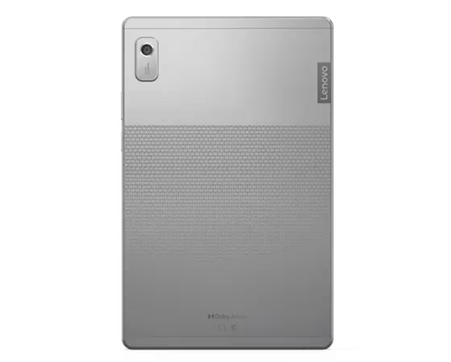 Parte trasera de tableta gris. Cámara arriba a la izquierda. Logo Lenovo. Textura decorativa. Fondo oscuro.