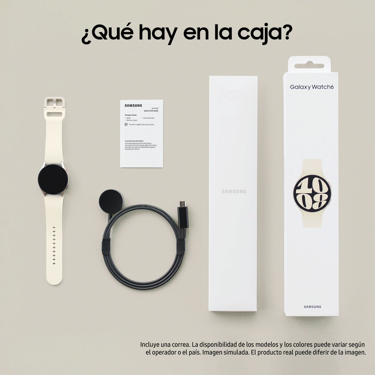 Inhoud Samsung Galaxy Watch6-box: Horloge, papieren, oplader, kabel en twee witte dozen.