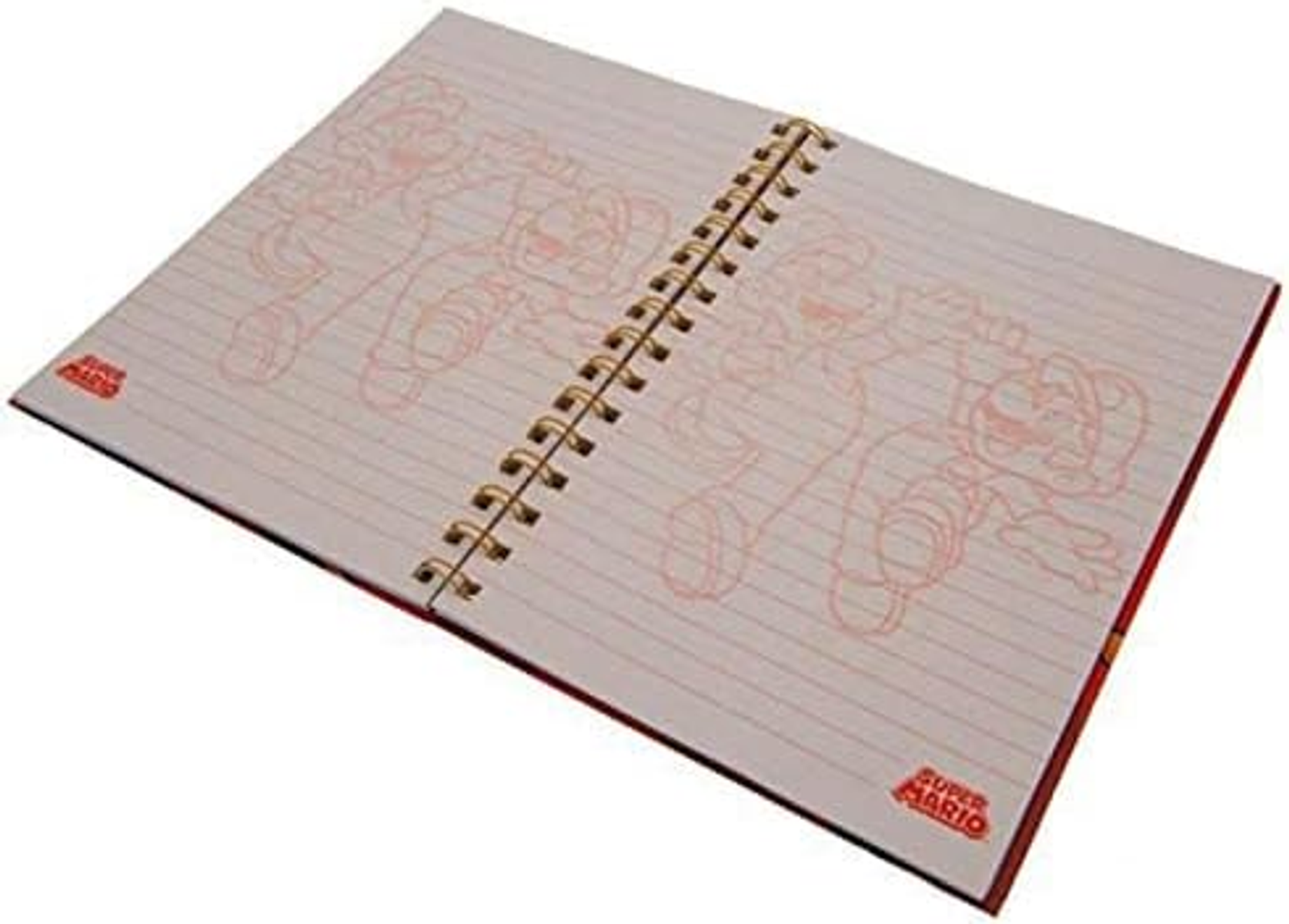 Ein offenes Notizbuch mit einer Super Mario-Skizze. Es zeigt Mario in verschiedenen Posen. Roter Einband, Spiralbindung.