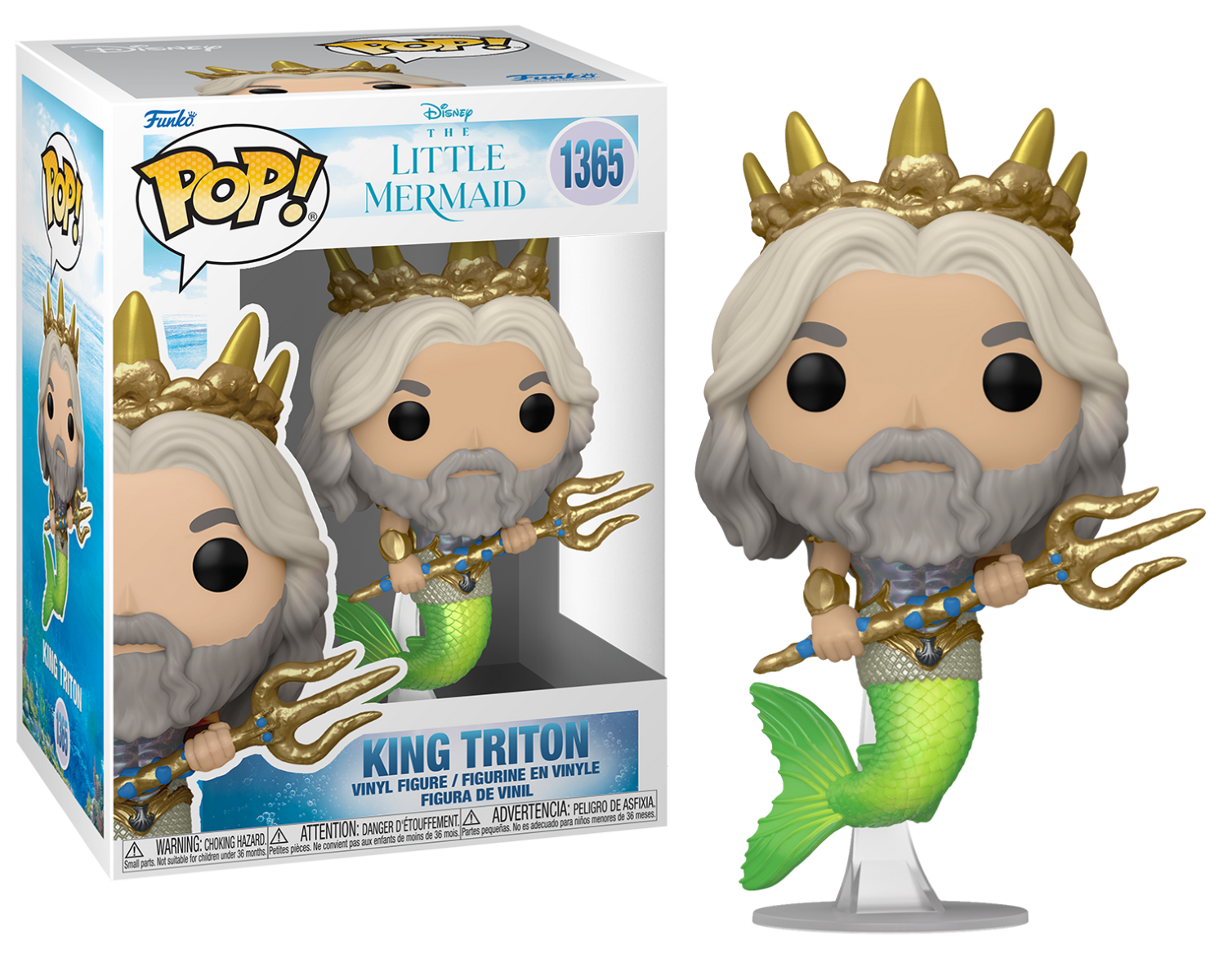 King Triton Funko Pop Figur in einer Box. Er hat einen Dreizack, eine Krone und einen grünen Schwanz.