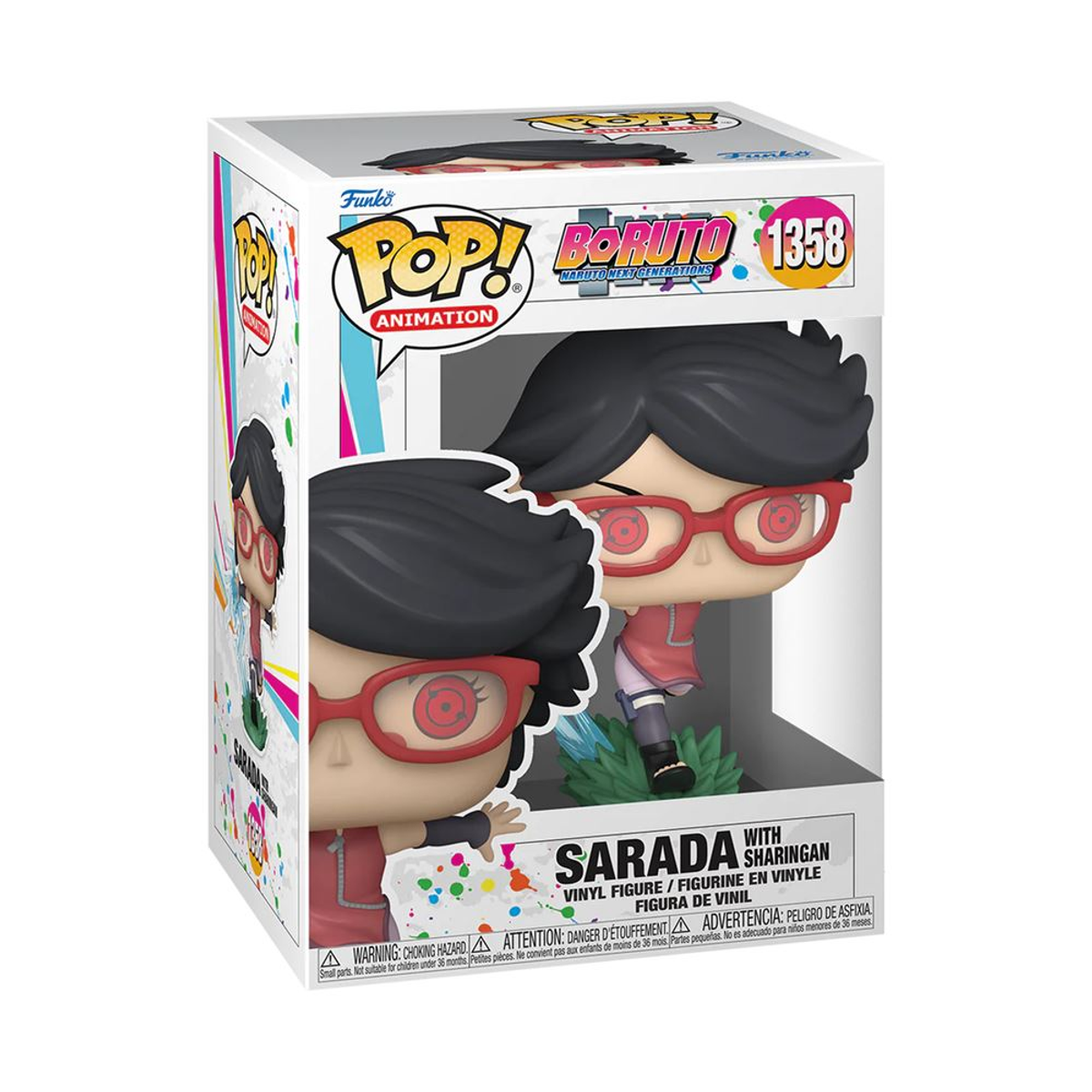 Figura Sarada Funko Pop con occhi sharingan in una scatola.