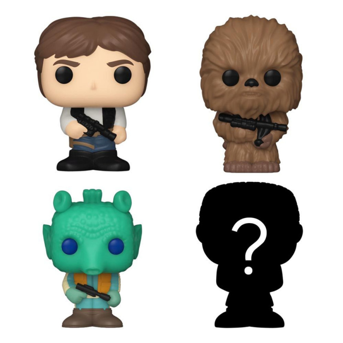 Cuatro figuras Funko Pop de Star Wars: Han Solo, Chewbacca, un alienígena verde y una figura con un signo de interrogación.
