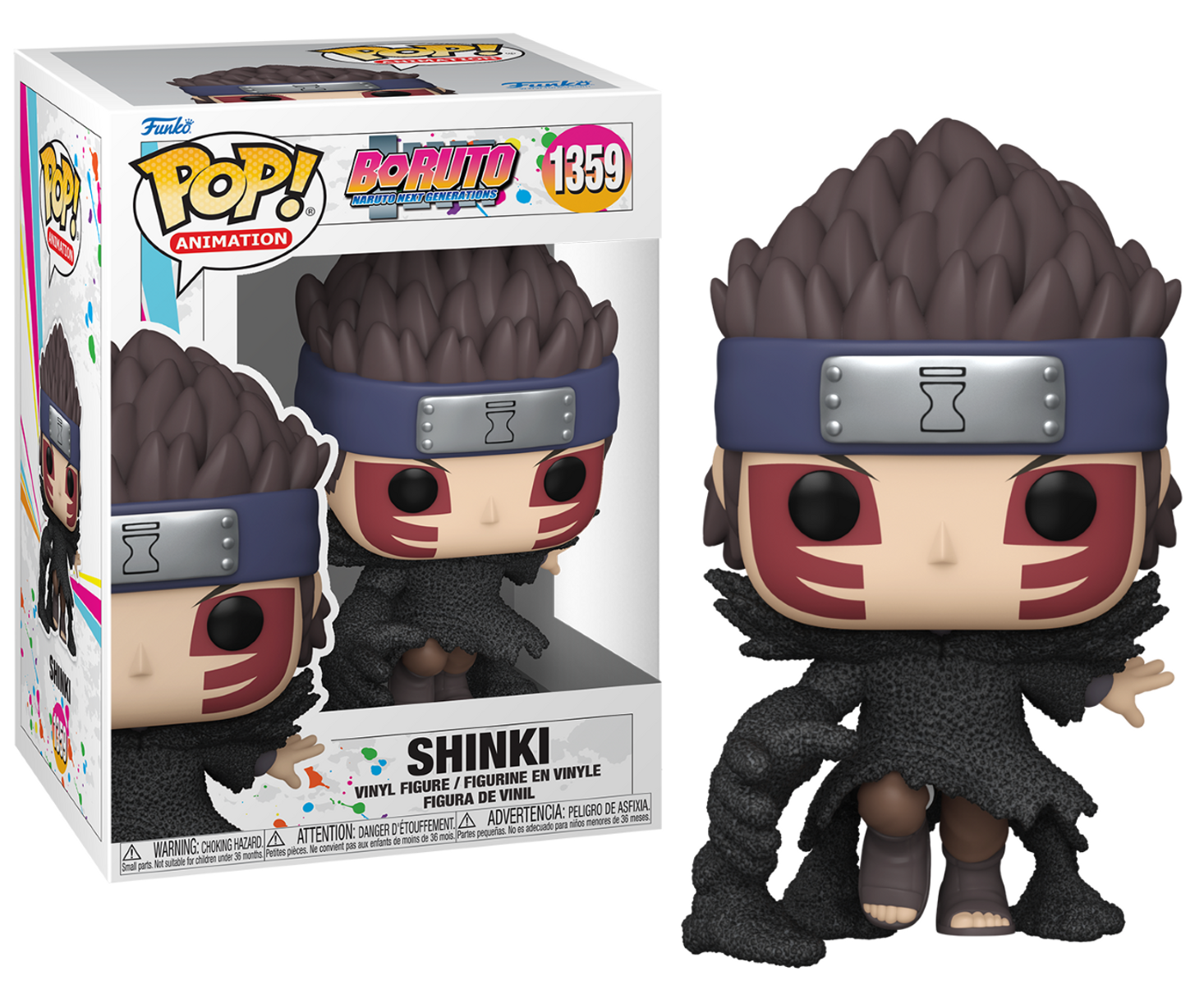Figura Funko Pop! di Shinki da Boruto, in una scatola e la figura stessa.
