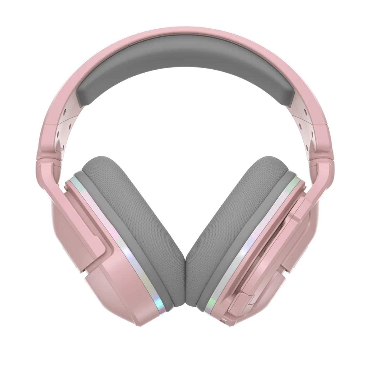 Różowe słuchawki do gier z szarymi nausznikami. Słuchawki są na czarnym tle.