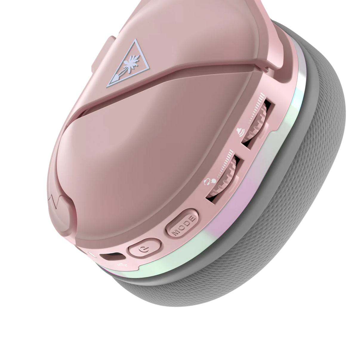 Różowo-szary zestaw słuchawkowy dla graczy z widocznymi regulatorami głośności i trybu.