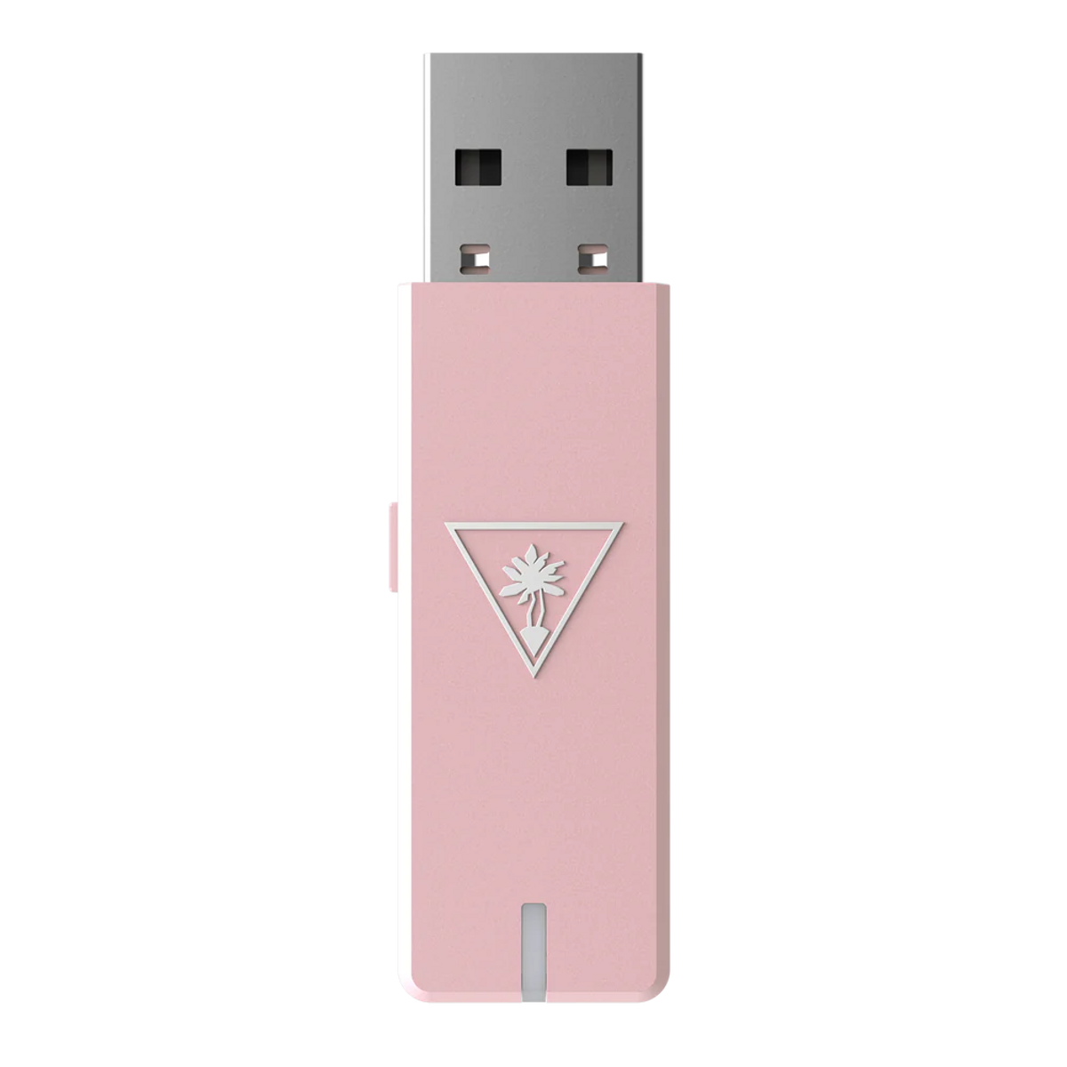 Różowy pendrive z logo, srebrne złącze u góry.